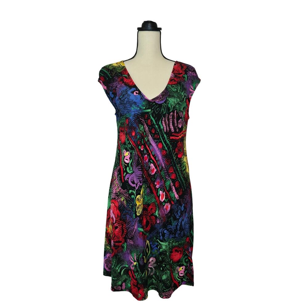 Vintage Jams World Hattie Dress Fiore Black Abstract Neon Floral Crushed Rayon M